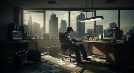 Businessman sitting in office and looking at computer screen. Mixed mediaの素材