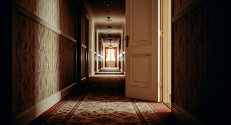 Dark corridor with light coming through the door. 3D rendering.の素材