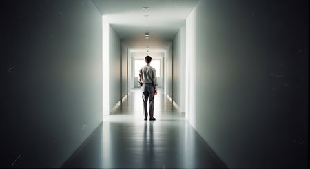 Businessman walking in a dark corridor with light coming from the endの素材