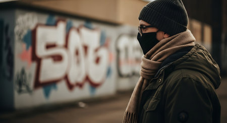 young man in a medical mask on the street in front of graffitiの素材