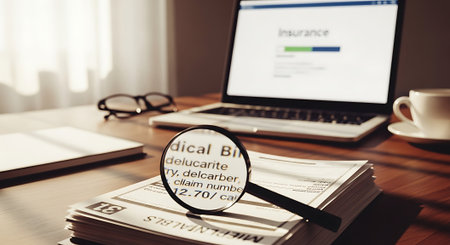 Laptop with a magnifying glass on a table in a modern officeの素材