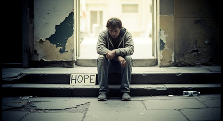 Homeless man sitting on the stairs with hope word in his handの素材