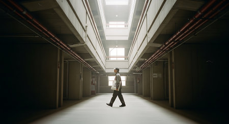 Businessman walking in a corridor, motion blur, low angle viewの素材