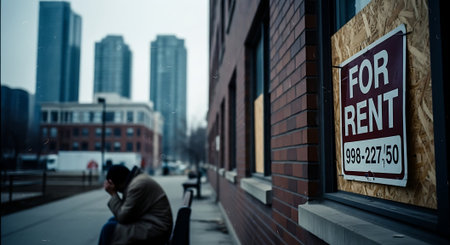 A man sitting in front of a For Rent sign.の素材