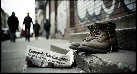 Homeless man sitting on a sidewalk with a newspaper in his handの素材