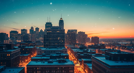 Aerial view of the downtown Philadelphia skyline at night, Pennsylvania.の素材