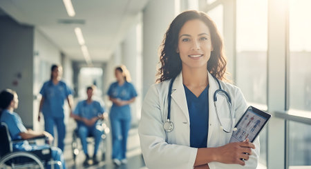 Portrait of young female doctor holding digital tablet while standing in hospital corridorの素材