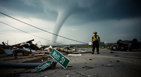 Foreman in yellow helmet and reflective vest is standing in front of a tornado that is about to storm.の素材