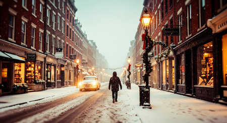 Street view of Amsterdam during snowfallの素材