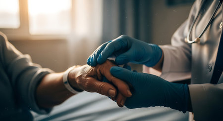Close up of a doctor putting on gloves to a patient's handの素材
