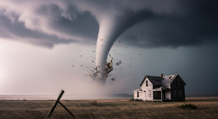 Conceptual image of house being hit by tornado. Mixed mediaの素材