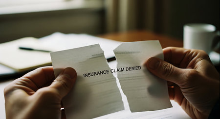 Insurance claim form in hands of a man and a woman.の素材