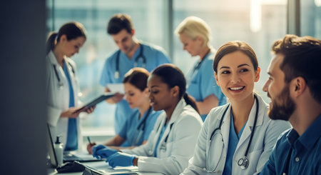 group of happy doctors sitting at table and discussing something while working in hospitalの素材