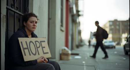 Homeless woman sitting on the street and holding a sign with hopeの素材
