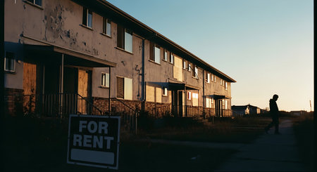 Silhouette of a man walking on the street next to a house for rentの素材