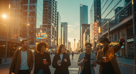 Group of young people walking in the city, talking and drinking coffeeの素材