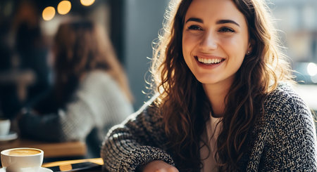 Beautiful young woman sitting in a cafe, drinking coffee and smiling.の素材