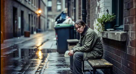 Young man sitting on a bench in a rainy street of London.の素材