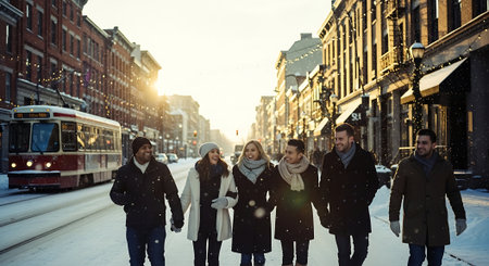 Group of friends walking in the city at winter time and looking at camera.の素材
