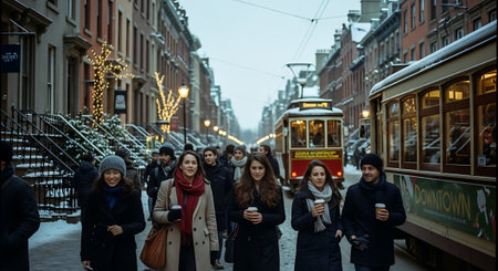 Unidentified people on the street at Christmas time.の素材