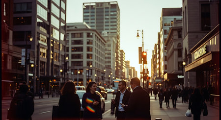 People walking in London street at sunsetの素材