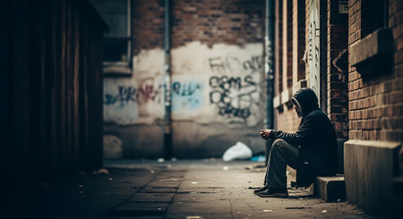 Homeless man sitting on the street and using his mobile phone in a cityの素材