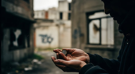 A young man is holding a coin in his hands. The concept of poverty and poverty.の素材