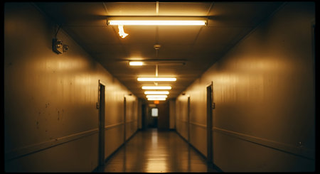 Interior of a corridor in a hospital with lights and reflections.の素材