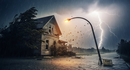 Scary house in the rain with lightning and sign. Mixed mediaの素材