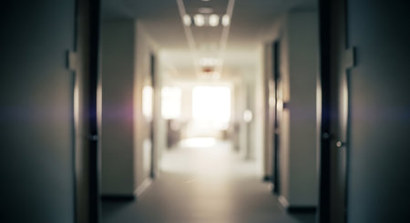 Blurred image of corridor in hospital for background usage. Intentionally blurred post production for bokeh effectの素材
