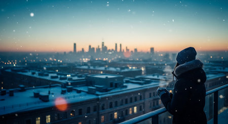 Young woman with a cup of hot drink standing on the balcony and looking at the cityの素材