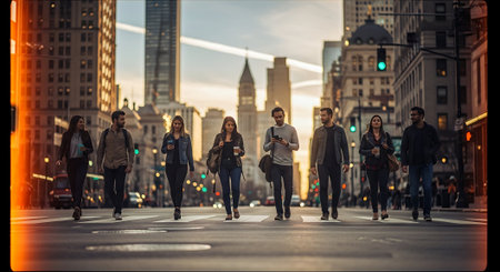 Group of young people crossing the street in New York City at sunsetの素材