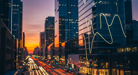 Double exposure of business graph and light trails on city street at sunsetの素材