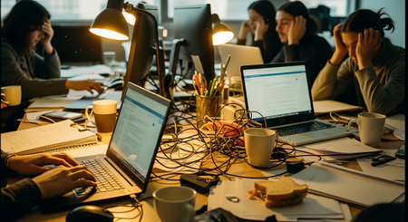 Group of young business people working together in modern office. Selective focus.の素材