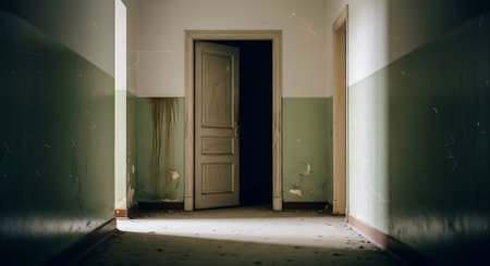 Interior of an empty room with green walls and wooden doors.の素材