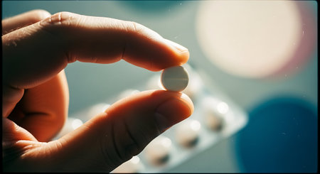 Close up of a woman's hand holding a pill. Selective focus.の素材