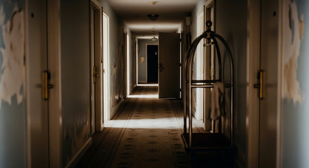 Interior of a hotel corridor with a door and a window.の素材