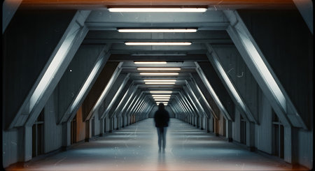 Futuristic corridor in the dark with a silhouette of a manの素材