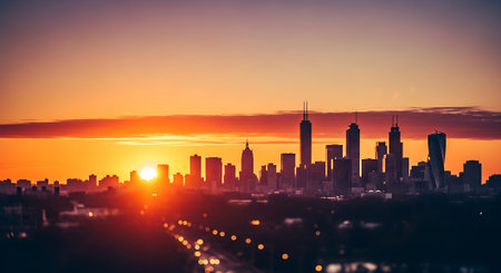 Beautiful cityscape with skyscrapers in modern city at sunsetの素材