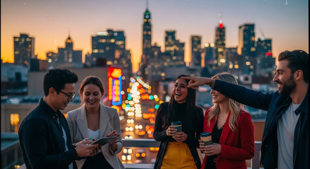 Group of young business people using mobile phone and drinking coffee on rooftop in New York City.の素材