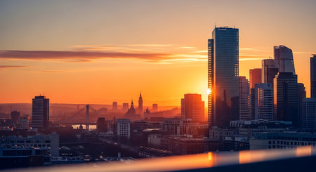 View of the city of Frankfurt am Main at sunset, Germany.の素材