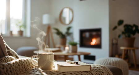 Cup of hot coffee and book on sofa in living room at homeの素材