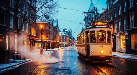 Tram in the center of Amsterdam at night.の素材