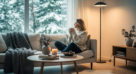 Beautiful young woman drinking coffee while sitting on sofa in living room at homeの素材