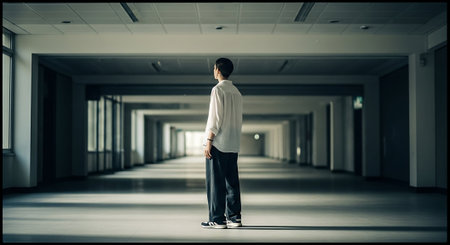 Rear view of young businessman standing in corridor of modern office buildingの素材