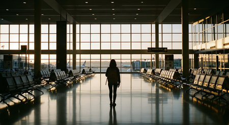 Silhouette of a woman standing in the airport terminal waiting for her flightの素材