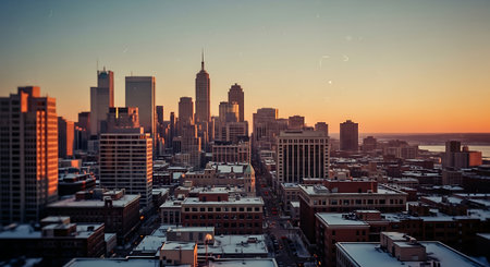 Panoramic view of Chicago downtown at sunset, Illinois, USA.の素材