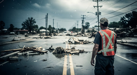 Man standing on the road after a flood in the city. Conceptual imageの素材