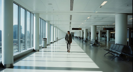 Businessman walking in an airport corridor with panoramic windows.の素材