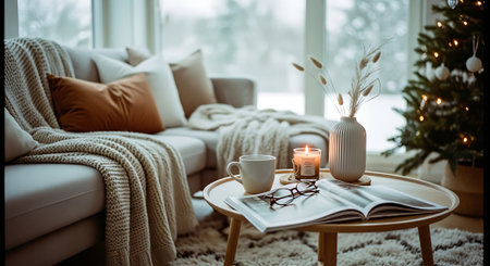 Cozy living room with Christmas tree, candles, coffee cup and bookの素材
